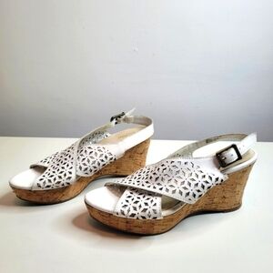 Nicole Party Perforated White Leather Cork Heel Wedge Sandals Size Women's 6.5